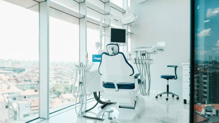 High-rise dental office for rent with panoramic city views, offering a clean, modern setup perfect for dental professionals in need of a premium workspace